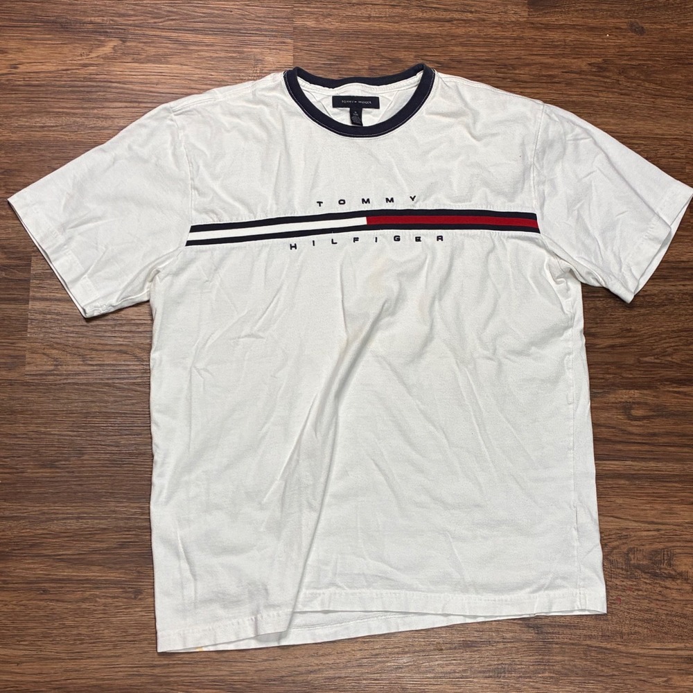 Tommy Hilfiger T-Shirt Mens XL White Embroidered Logo Chest Stripe Tee